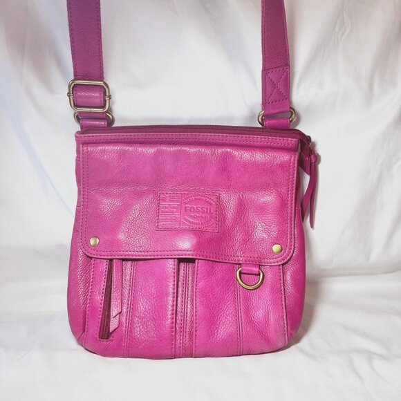 Fossil Hot Pink Crossbody Leather Purse/Bag-Lots of Compartments-Canvas Mix Srap - Picture 1 of 16